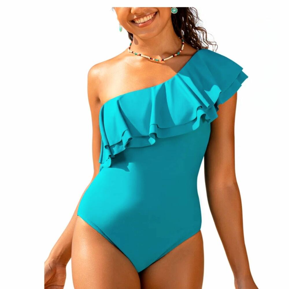 Hilor One Piece‎ Swimsuit Double Ruffles One Shoulder Monokini Bathing Suit 12